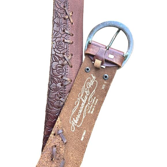 Y2K Abercrombie Floral Tooled Leather Belt Boho Western Whipstitch Brown S main image 4